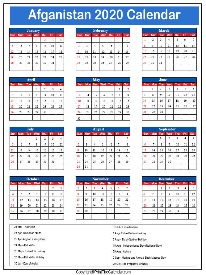 Afghanistan Printable Calendar 2020